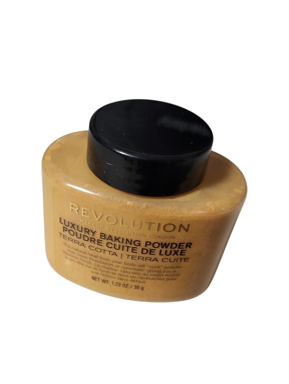 Revolution Luxury Baking Powder Jar in Tan with Black Lid